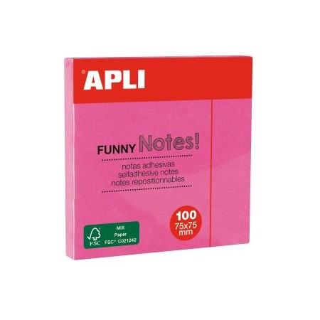 Notes adhésives Funny 75 x 75 mm bloc de 100 feuilles couleur rose fluo