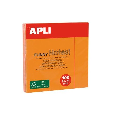 Notes adhésives Funny 75 x 75 mm bloc de 100 feuilles couleur orange fluo