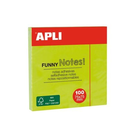 Notes adhésives Funny 75 x 75 mm bloc de 100 feuilles couleur vert fluo